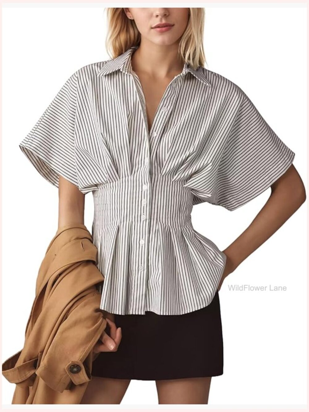 Striped Button Down Blouse Peplum Top Short Sleeve Business Casual Work